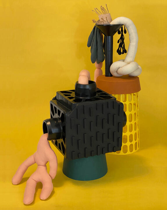 Dream Release by Tamara Bagnell Colorful fabric and found plastic sculpture titled, Dream Release, by Tamara Bagnell